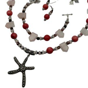 Handmade Jewelry Set - Starfish - Rose Agate, Rose Quartz, Rhodonite, Crystal